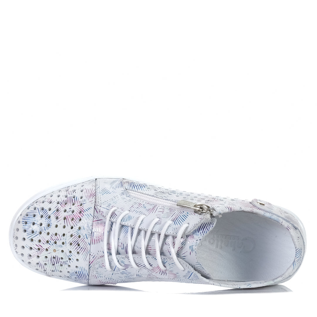White print sneakers by Cabello featuring stylish design, casual lace-up style, and comfortable sole.