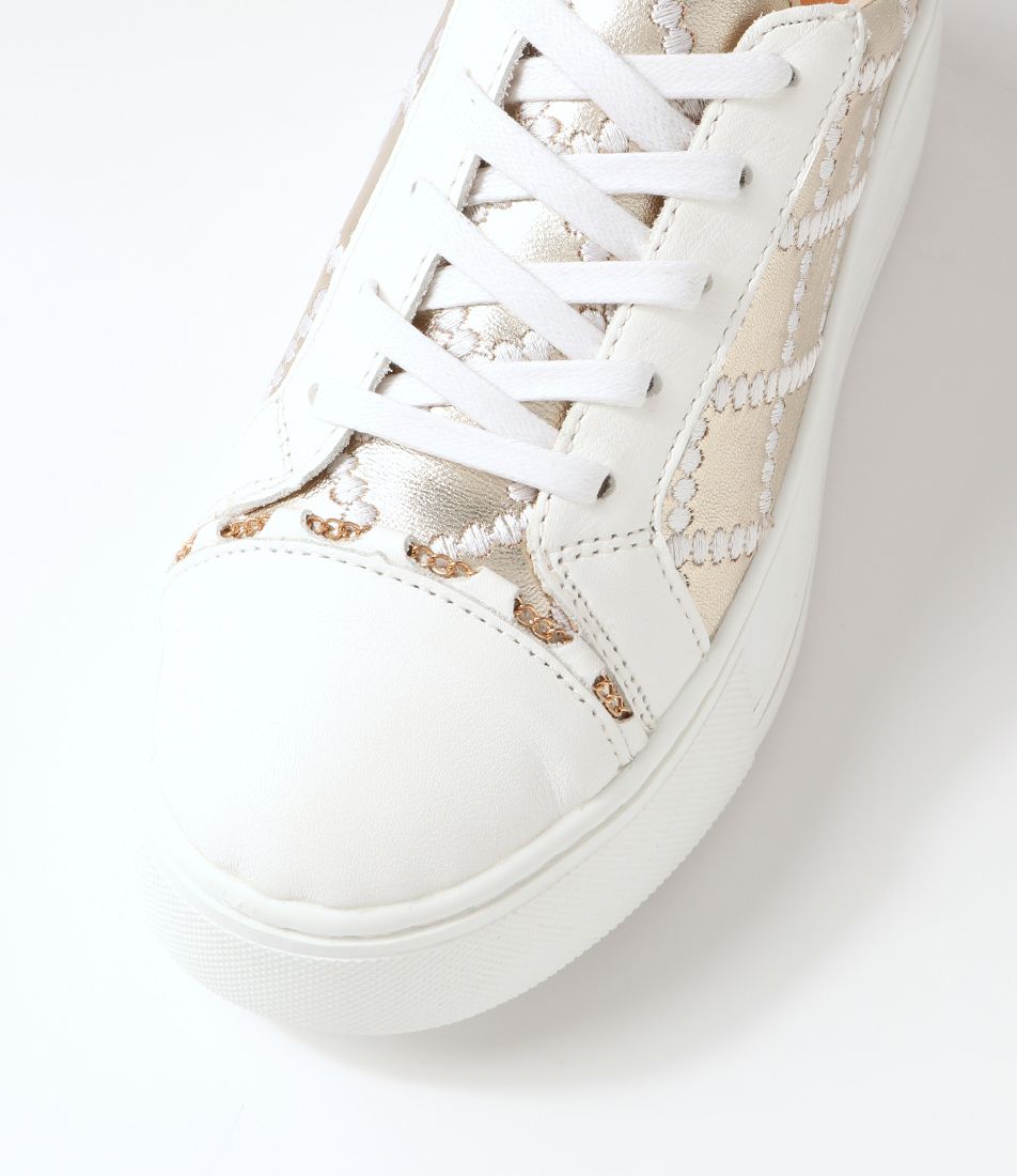 ALFIE & EVIE Frankie white gold sneakers with stylish design, featuring sleek white and gold accents, perfect for casual wear.