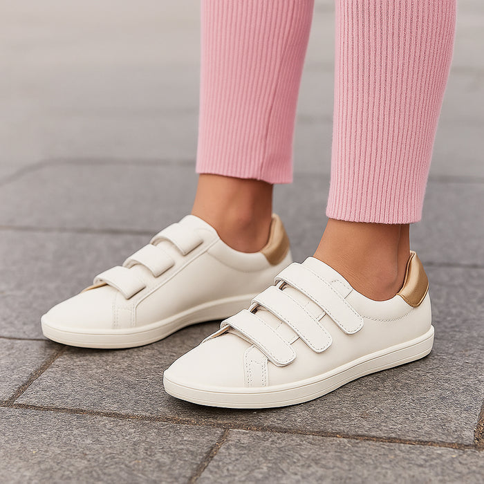 ALFIE & EVIE Geoffrey white gold sneakers with stylish design and clean white and gold accents, casual footwear for everyday wear.