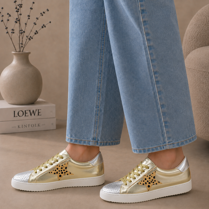 ALFIE & EVIE Valdo gold and silver sneakers with stylish design and lace-up closure, perfect for casual wear.