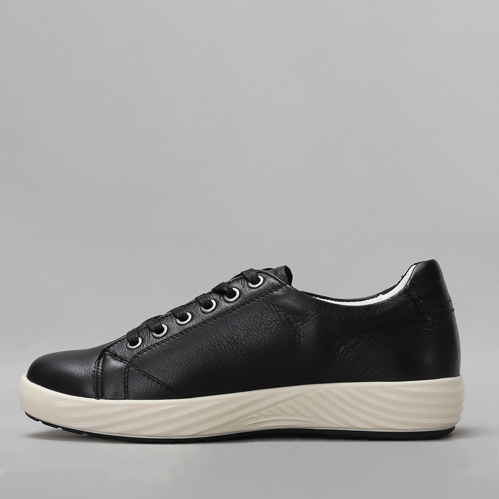 Naked Arches Ali Black sneakers with black leather and fabric upper, white sole, and sleek low-top design.