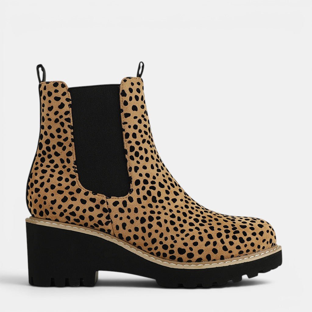Los Cabos Ari Cheetah boots showcasing animal print design and stylish ankle-high silhouette.