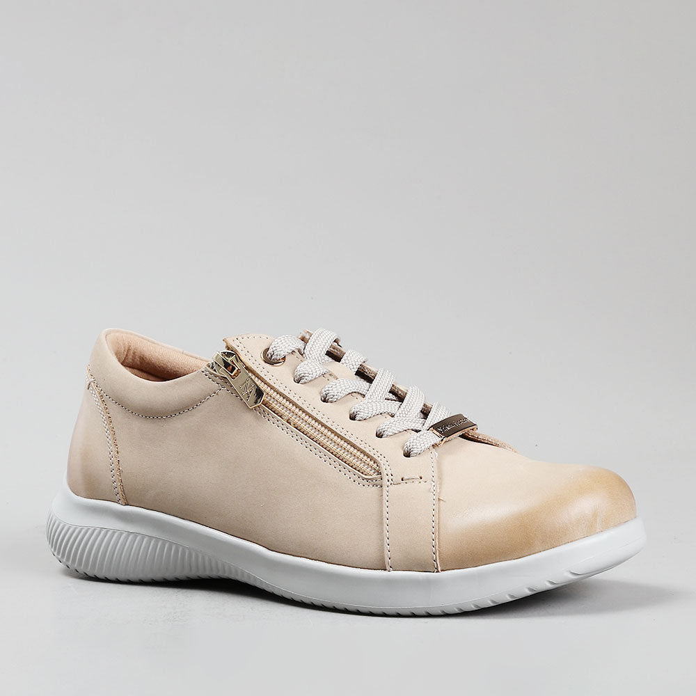 Naked Arches Avi Taupe sneakers showing beige and taupe color with sleek design and comfortable fit.