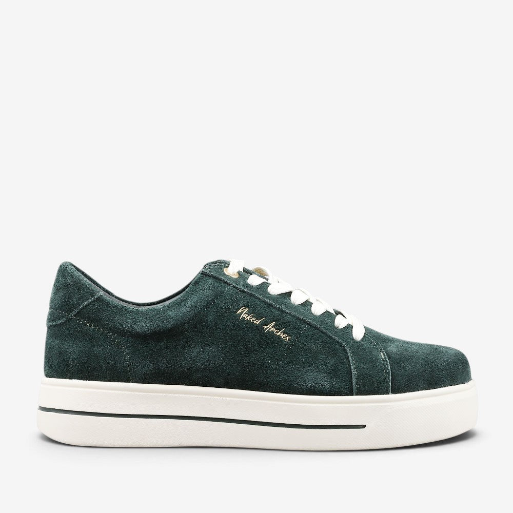 Naked Arches Azealia DK Green sneakers with tan accents, side view showing stylish design and comfortable fit.