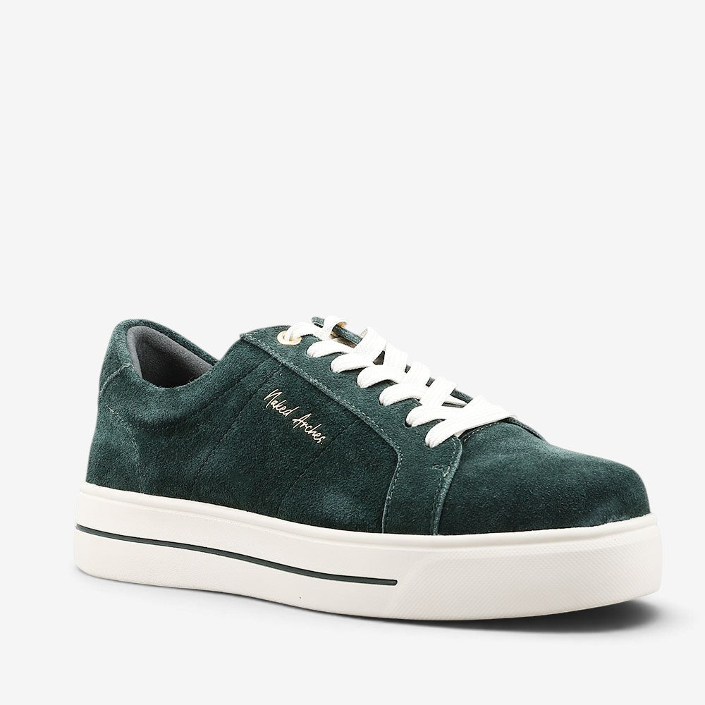 Naked Arches Azealia DK Green sneakers with sleek design, green color, and lace-up closure, displayed from a side angle.