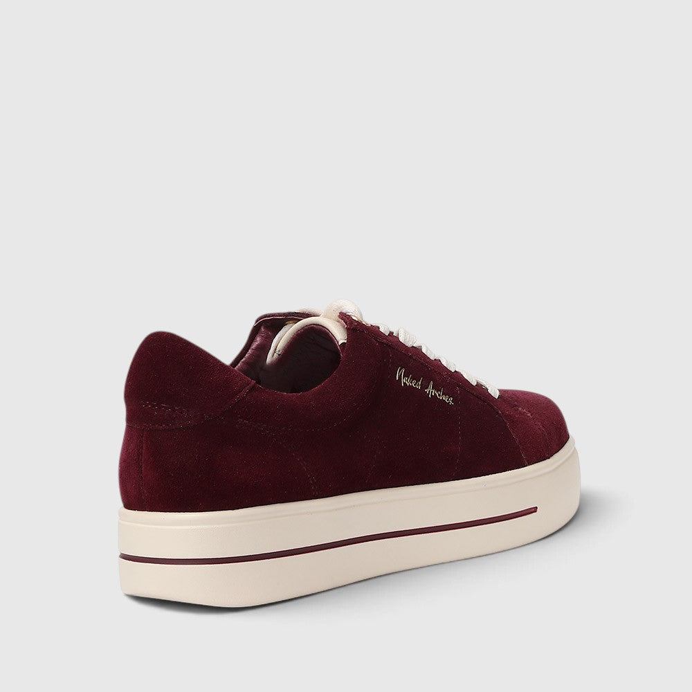 Naked Arches Azealia Burgundy sneakers featuring burgundy and white design, with stylish laces and modern athletic sole.