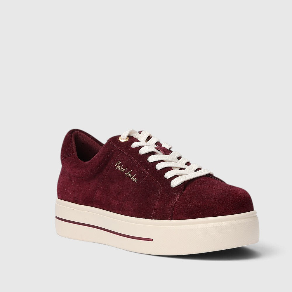 Naked Arches Azealia Burgundy sneakers with burgundy and beige color blocking, featuring stylish design and laces.
