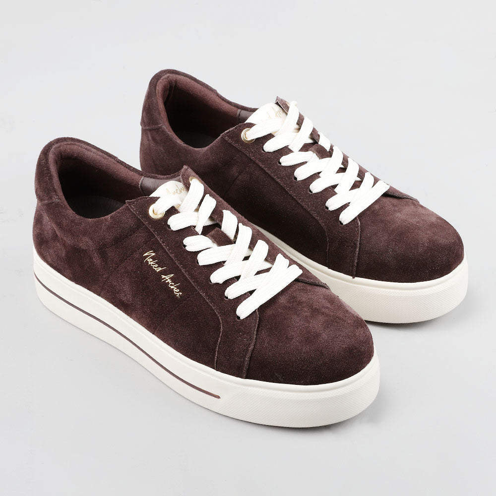 NAKED ARCHES Azealia Chocolate sneakers in suede, featuring stylish design and comfortable fit, displayed on a plain background.