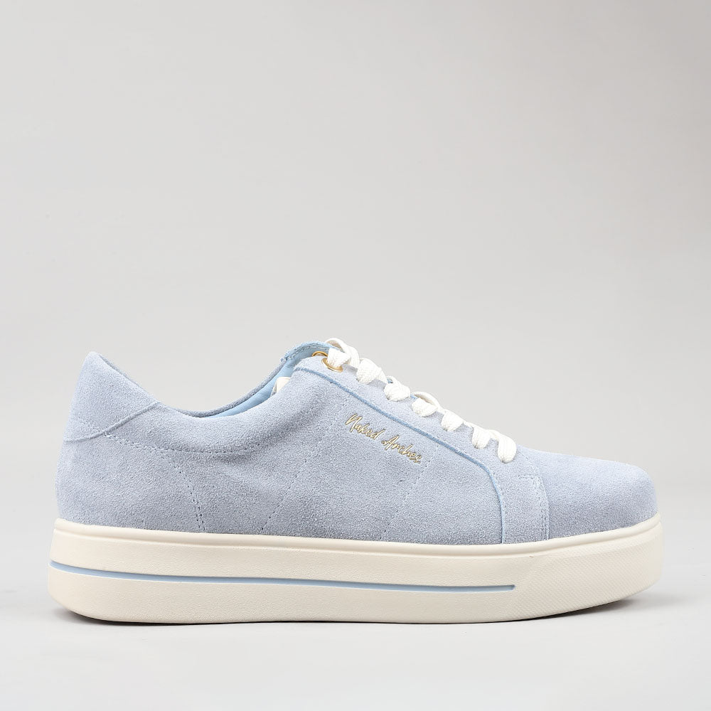 Naked Arches Azealia denim sneakers with suede accents, shown from the side highlighting their stylish design and denim material.
