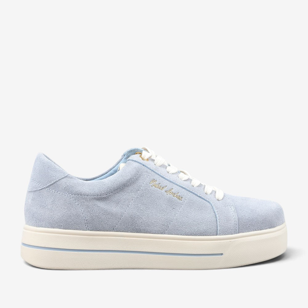 NAKED ARCHES Azealia denim sneakers with suede accents, featuring a side view of the stylish, casual footwear.