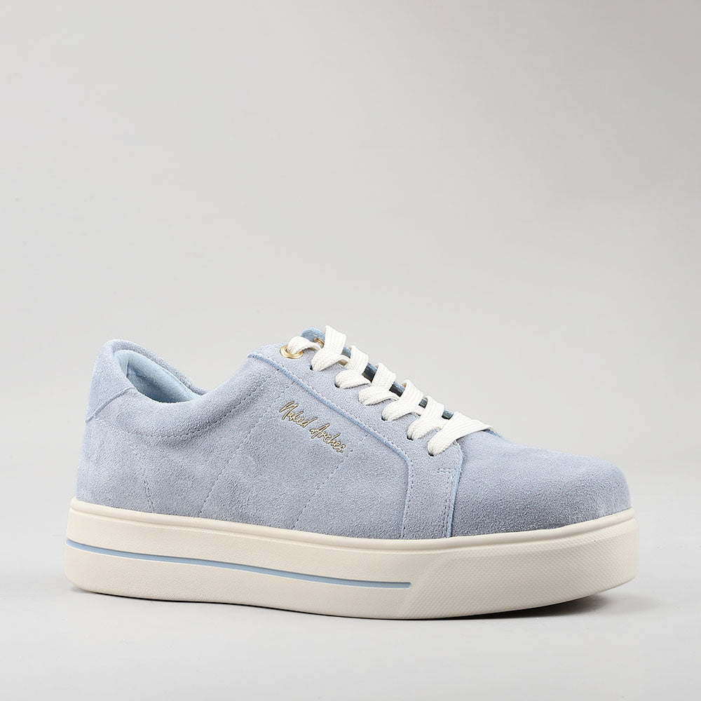 Naked Arches Azealia denim sneakers with suede accents, featuring a casual slip-on design and trendy denim material.