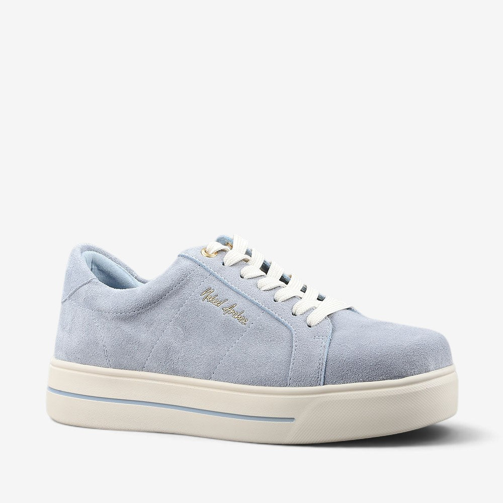 NAKED ARCHES Azealia Denim sneakers with light blue denim and suede accents, featuring a casual slip-on design.