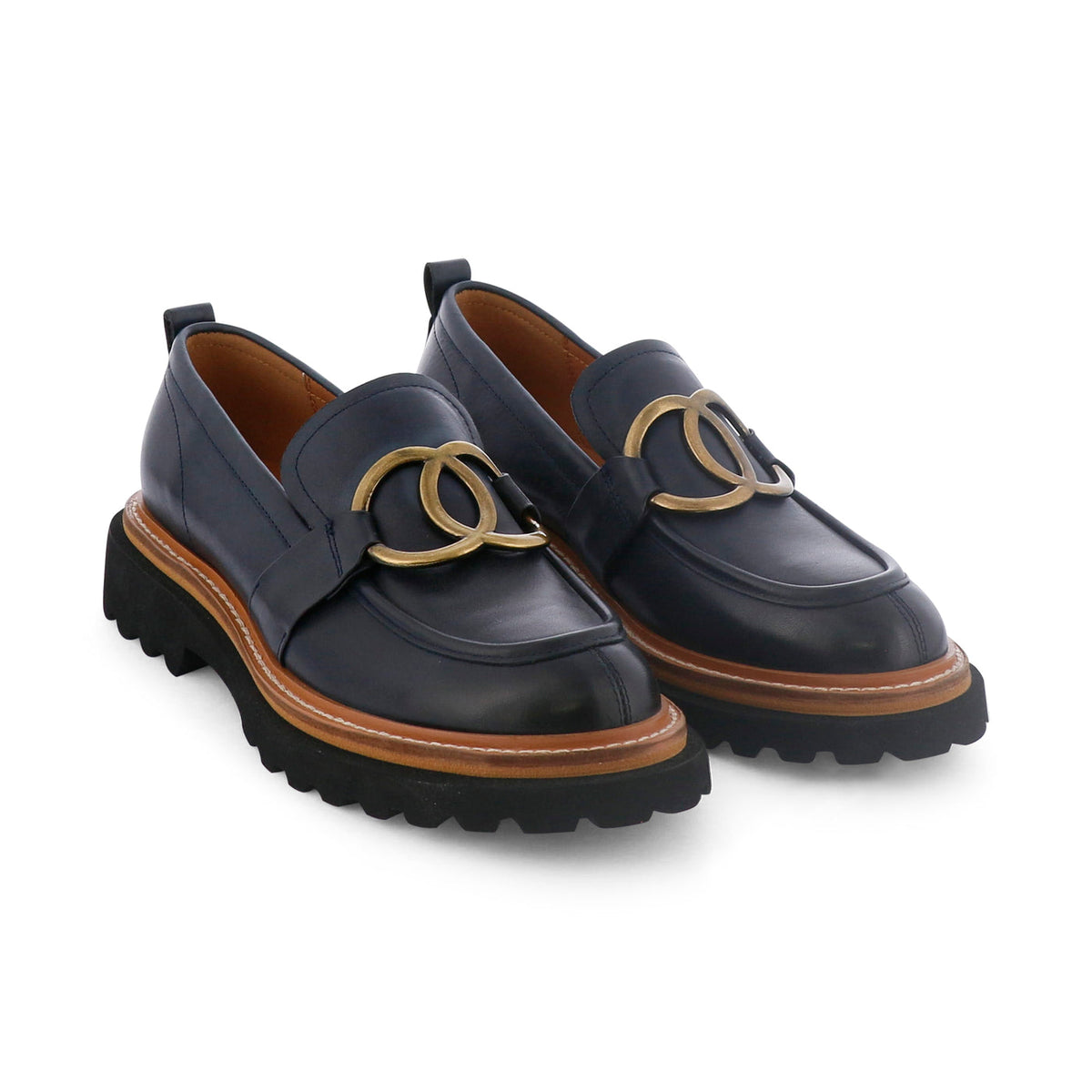 Eos Abbi Navy loafers with sleek design, featuring navy blue leather and classic slip-on style.