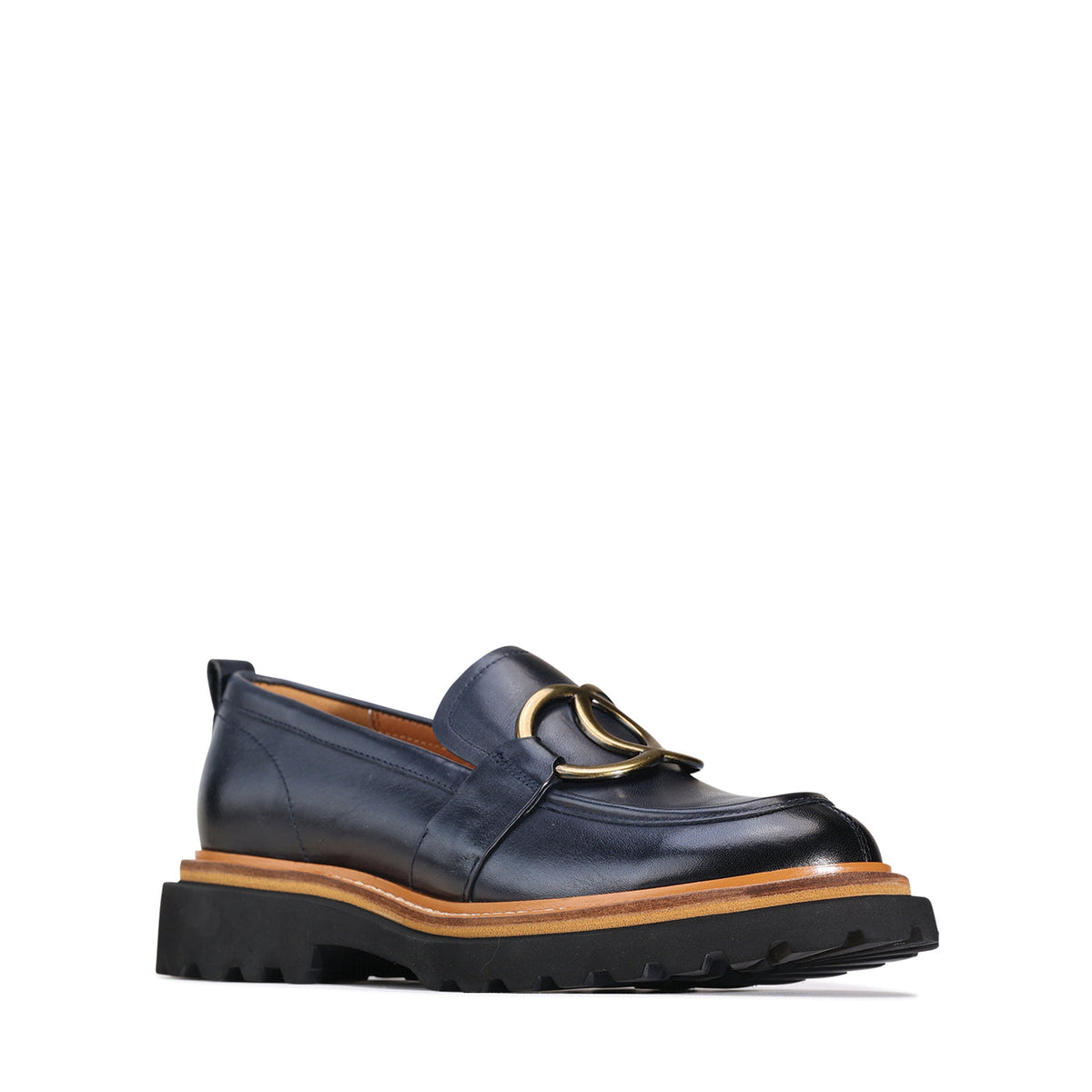 Eos Abbi navy loafer showing sleek design and navy leather upper with stitching detail, perfect for casual or business wear.