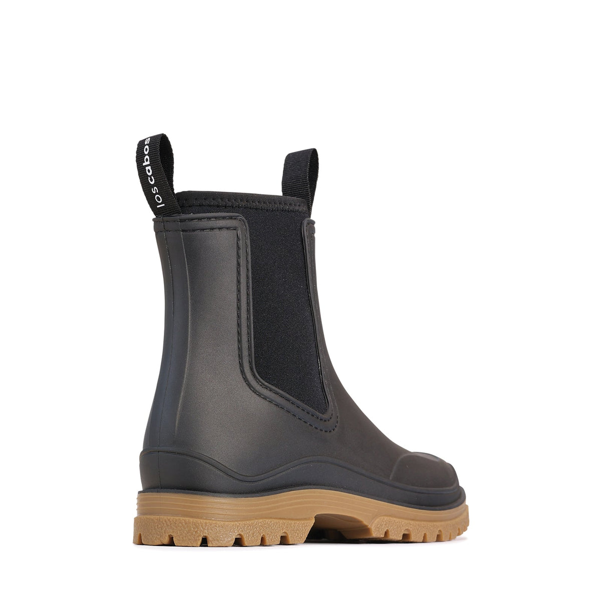 LOS CABOS Amelia black gum boots with rugged rubber soles and waterproof design, ideal for outdoor wear.