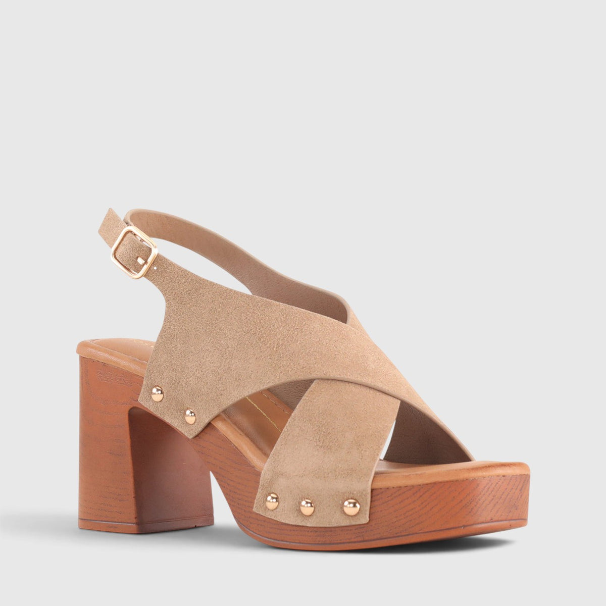 Los Cabos Anabella taupe sandals with strappy design and block heel, featuring open toe and ankle strap for stylish comfort.