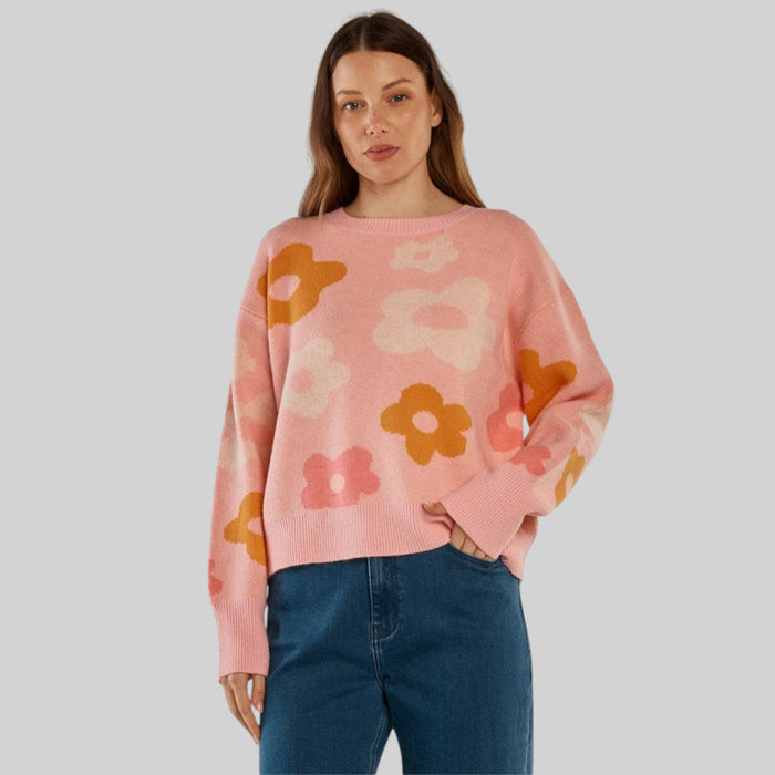 Betty Basics Leonie Knit Jacquard Flowers sweater featuring floral pattern and cozy knit fabric, shown on a model.
