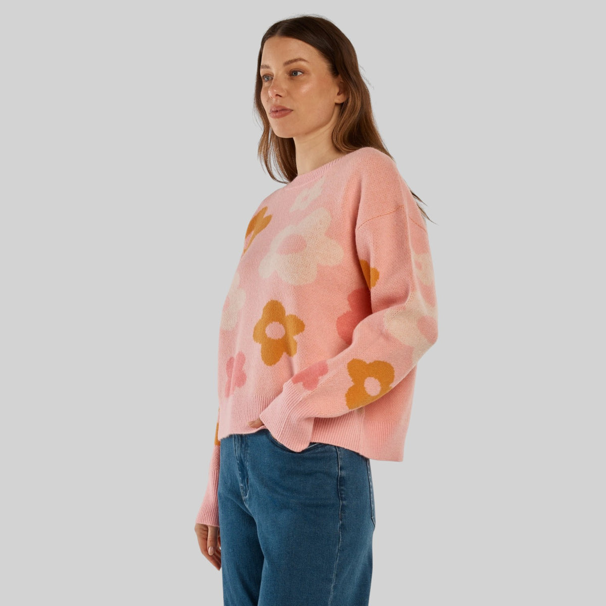 Betty Basics Leonie knit jacquard sweater with floral pattern, stylish and cozy, shown in a close-up view of the patterned fabric.