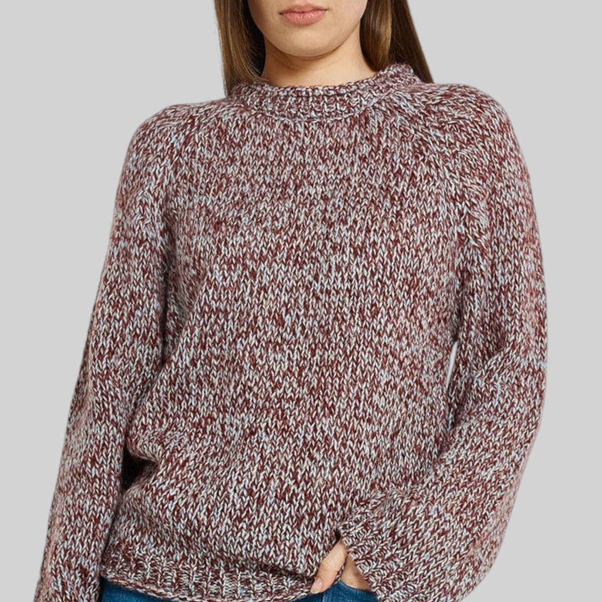 Betty Basics Gracie Multi Red Sweater, casual fit, textured knit, shown on model with sleeves rolled up and front open.