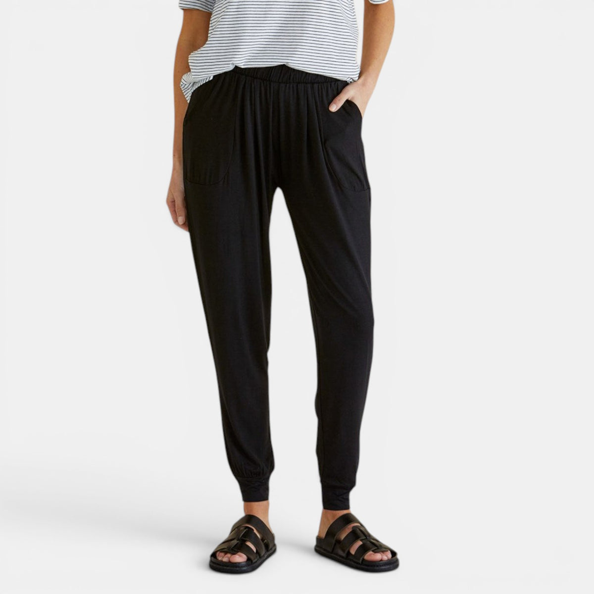 Black Betty Basics Paris Jogger Pant with relaxed fit and elastic waistband, shown on model. Comfortable casual pants for everyday wear.