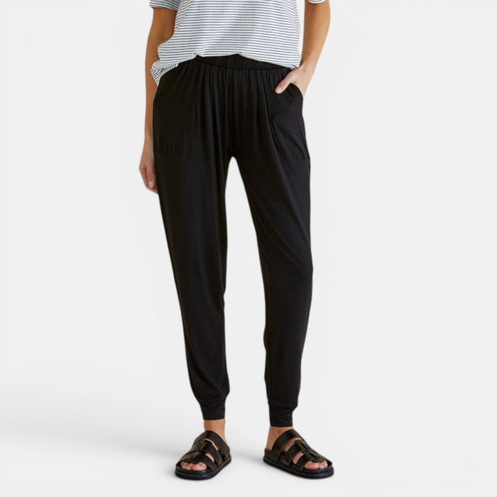 Black Betty Basics Paris Jogger Pant with relaxed fit and elastic waistband, shown on model. Comfortable casual pants for everyday wear.