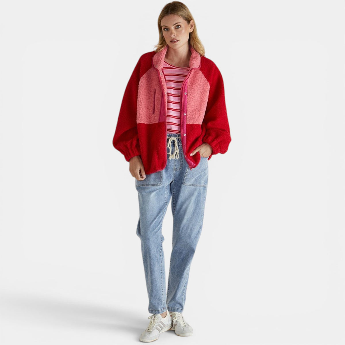 Betty Basics Franklin fleecy jacket in pink and red, shown with a front view highlighting the cozy fleece fabric and vibrant color.