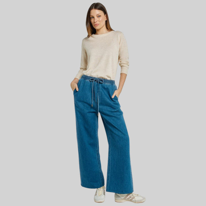 Betty Basics Vespa mid blue denim jogger pants with elastic waistband and relaxed fit, casual and stylish for everyday wear.