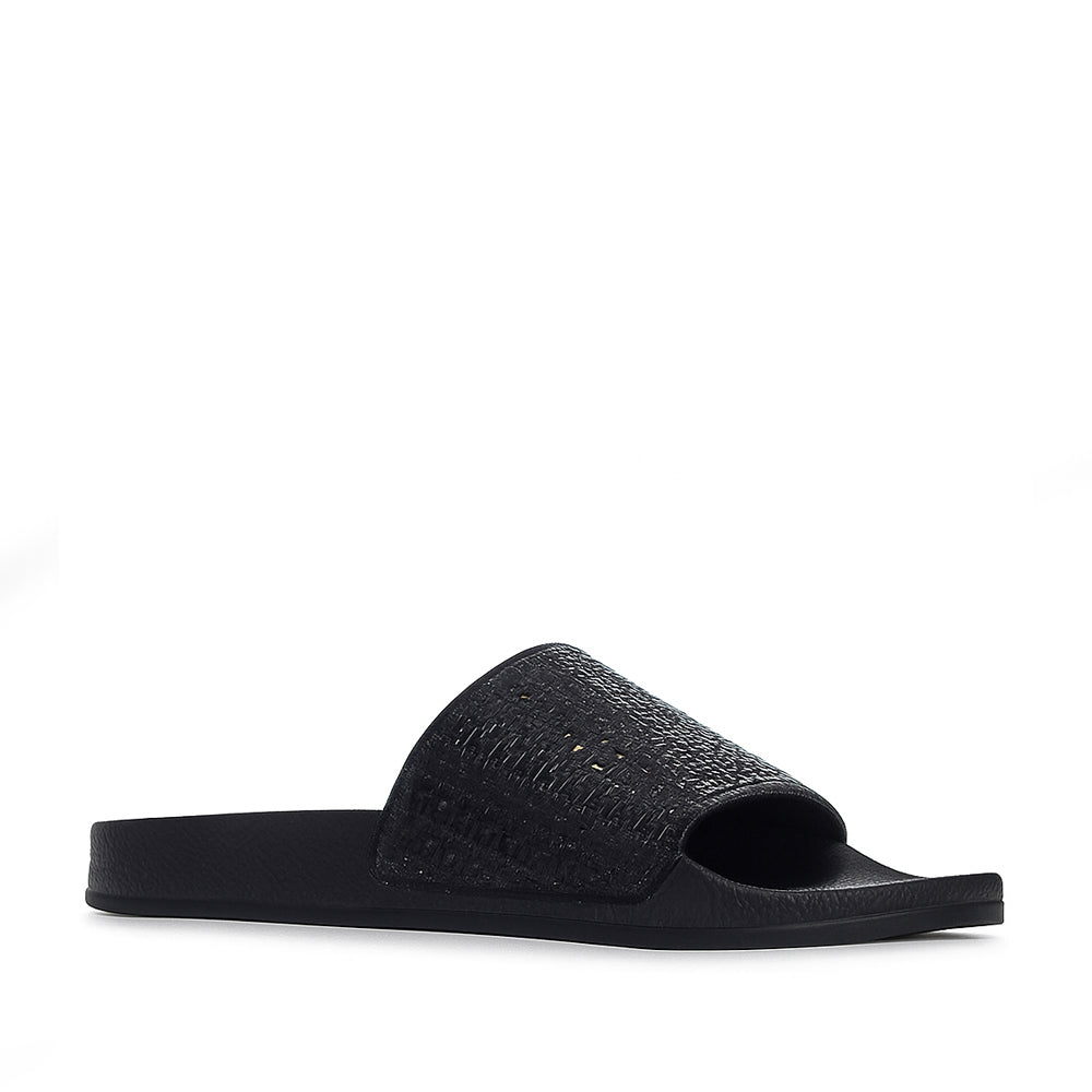Black ALFIE & EVIE BILLIE slip-on shoes with a sleek design, shown from the front view.