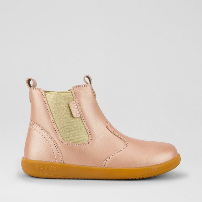 Baby boots by Bobux in Jodhpur Rose Gold color, featuring soft leather and stylish design for little feet.