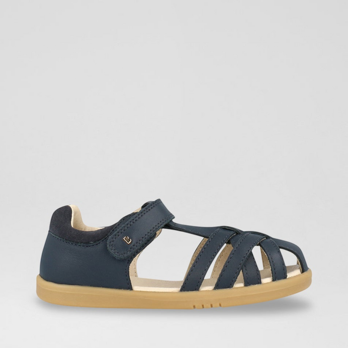 Baby Bobux Cross Jump Navy sandals with adjustable straps and cushioned soles, designed for comfortable toddler wear.