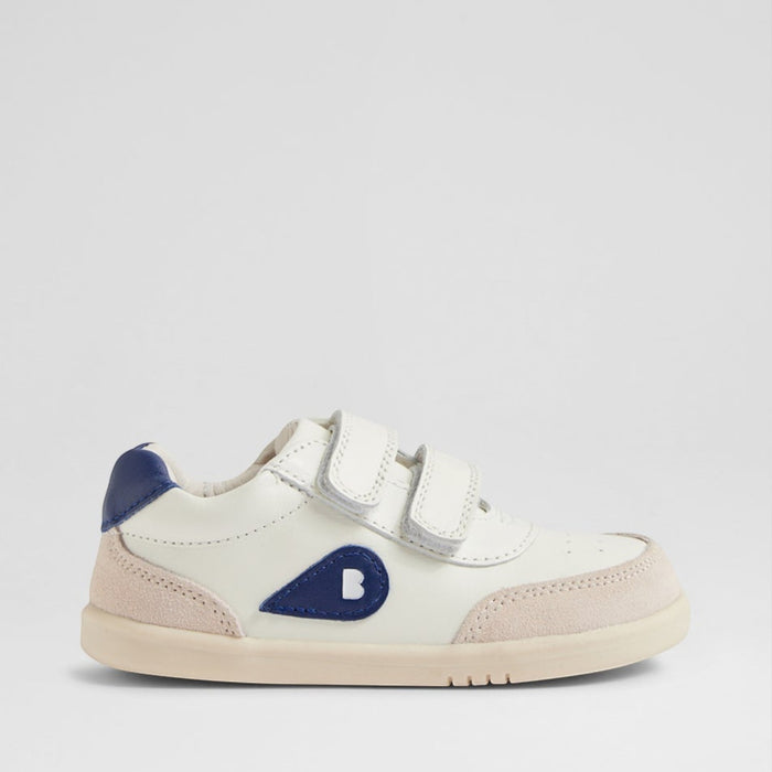 Baby sneakers by Bobux in Gentian Blue with soft fabric and flexible sole, designed for comfortable toddler wear.
