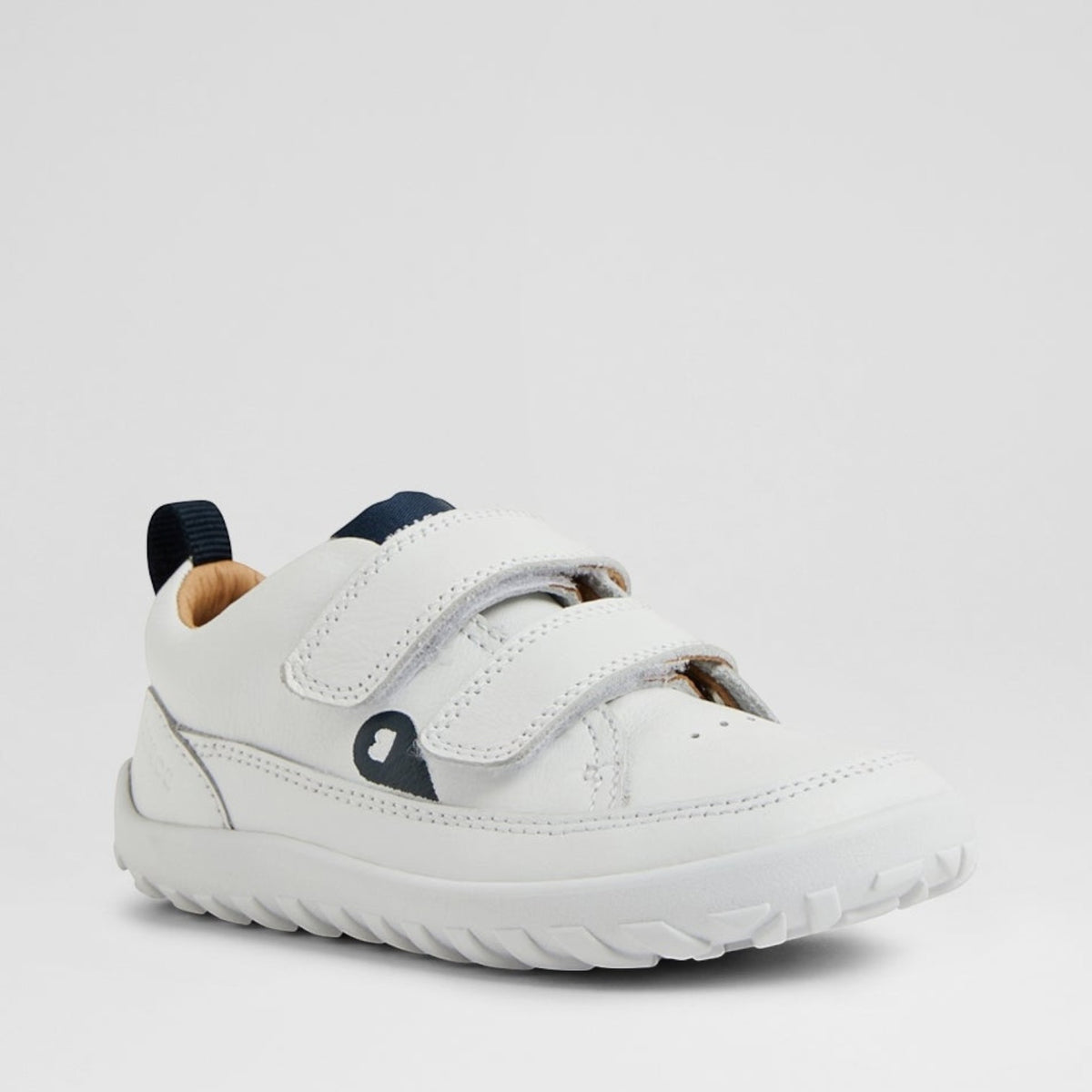 Baby sneakers by Bobux, Dawn White Navy style, featuring white and navy design with soft soles and comfortable fit for little feet.
