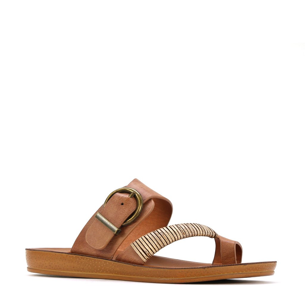 Los Cabos Bria brandy slip-on shoes in a tan color, shown from an angled view, featuring comfortable design and casual style.