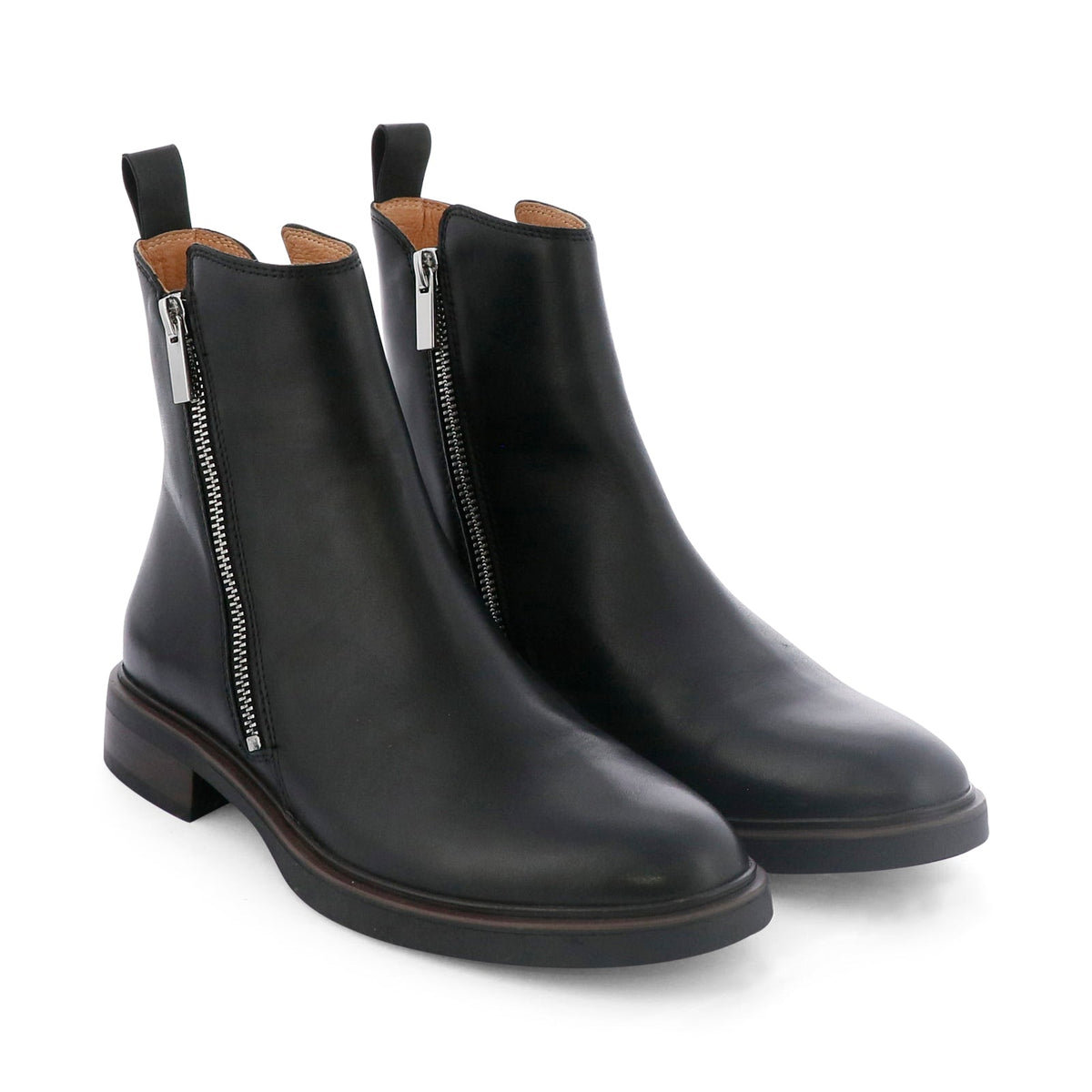 Eos Blaine Black boots with sleek black leather exterior and stylish ankle design, showcasing the top view of the footwear.