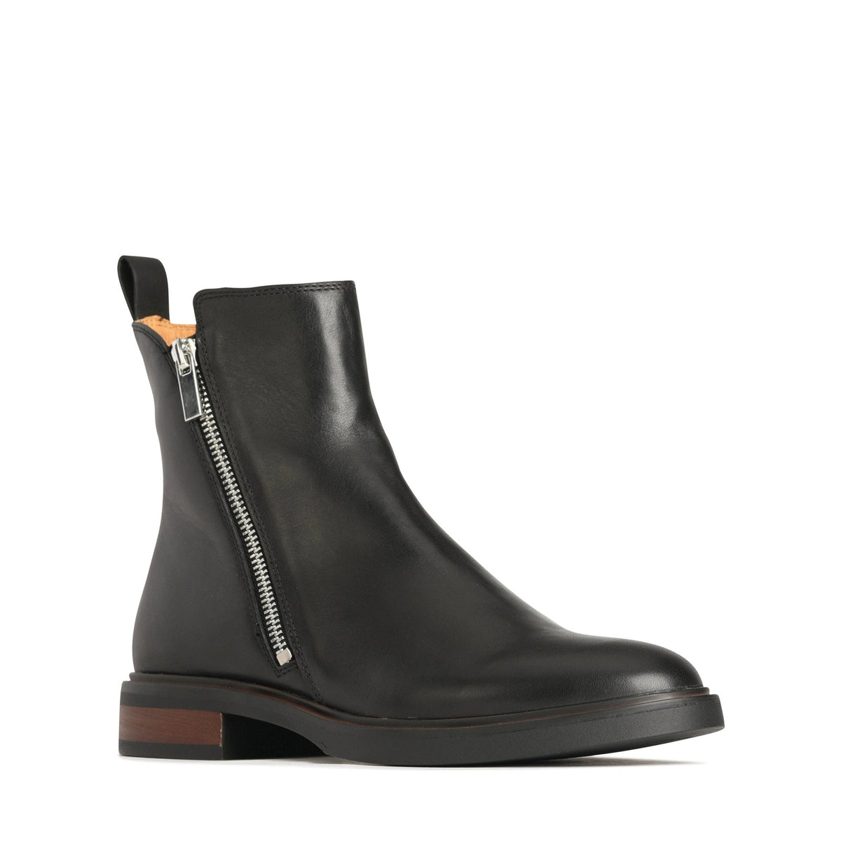 Eos Blaine black boots shown from an angled view, featuring sleek design and ankle-high style with laces and a sturdy sole.