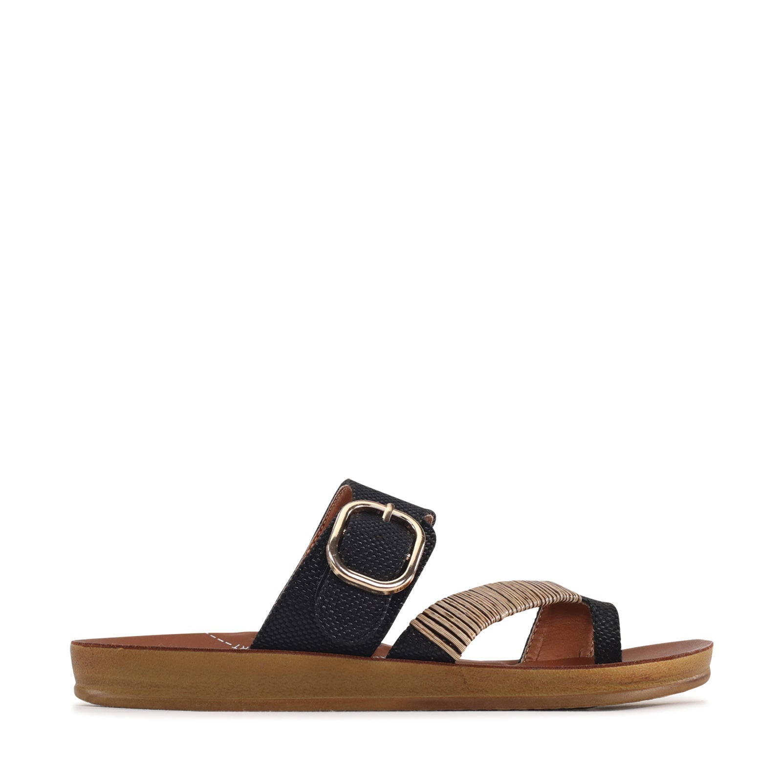Black Los Cabos Bria slip-on shoes with raffia detailing, showcasing a stylish and comfortable footwear option.