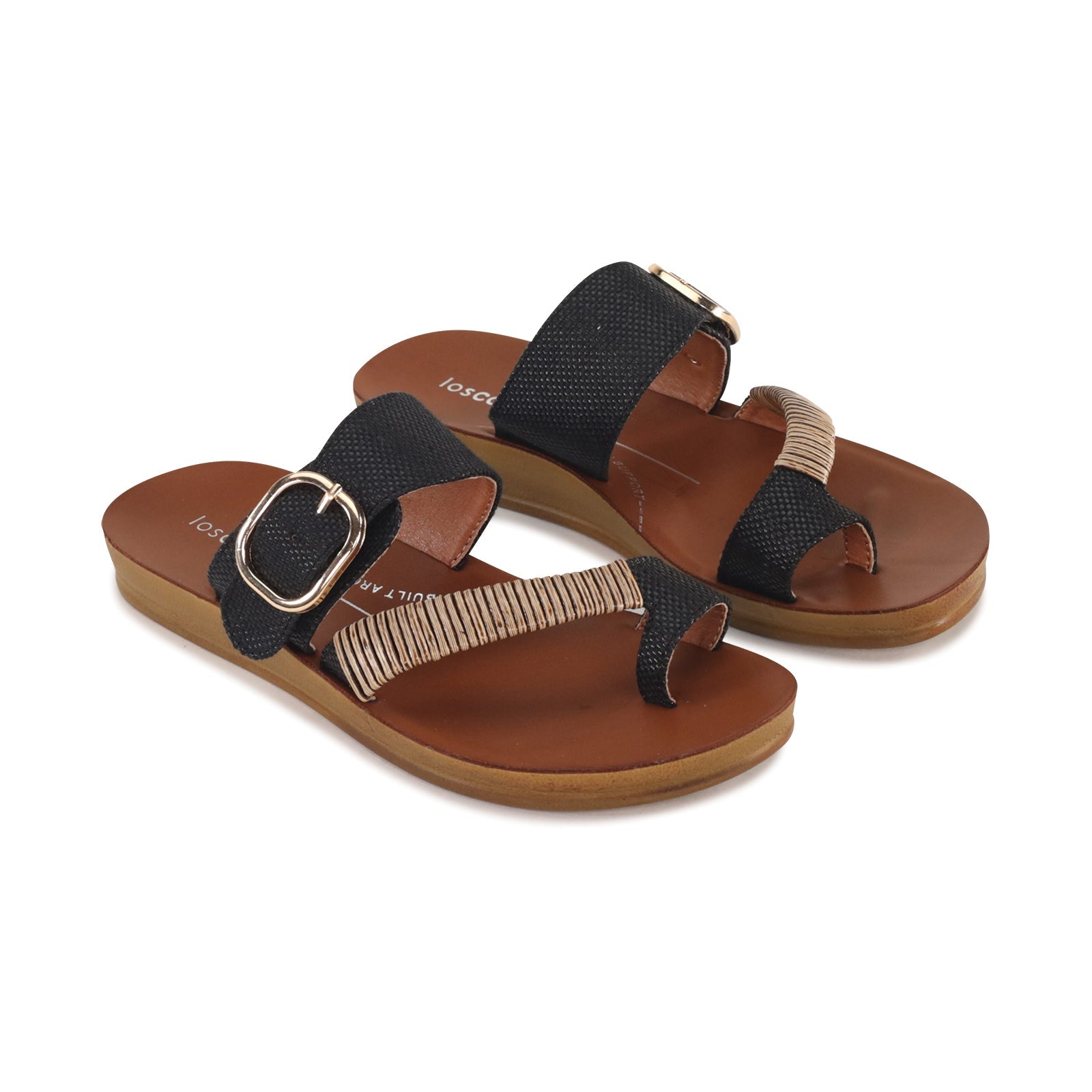 Black raffia slip-on shoes by Los Cabos with a sleek design, featuring a comfortable fit and stylish top view.