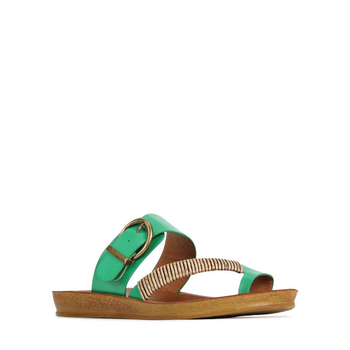 Los Cabos Bria emerald slip-on shoes displayed from an angled view, showcasing their vibrant emerald color and sleek design.