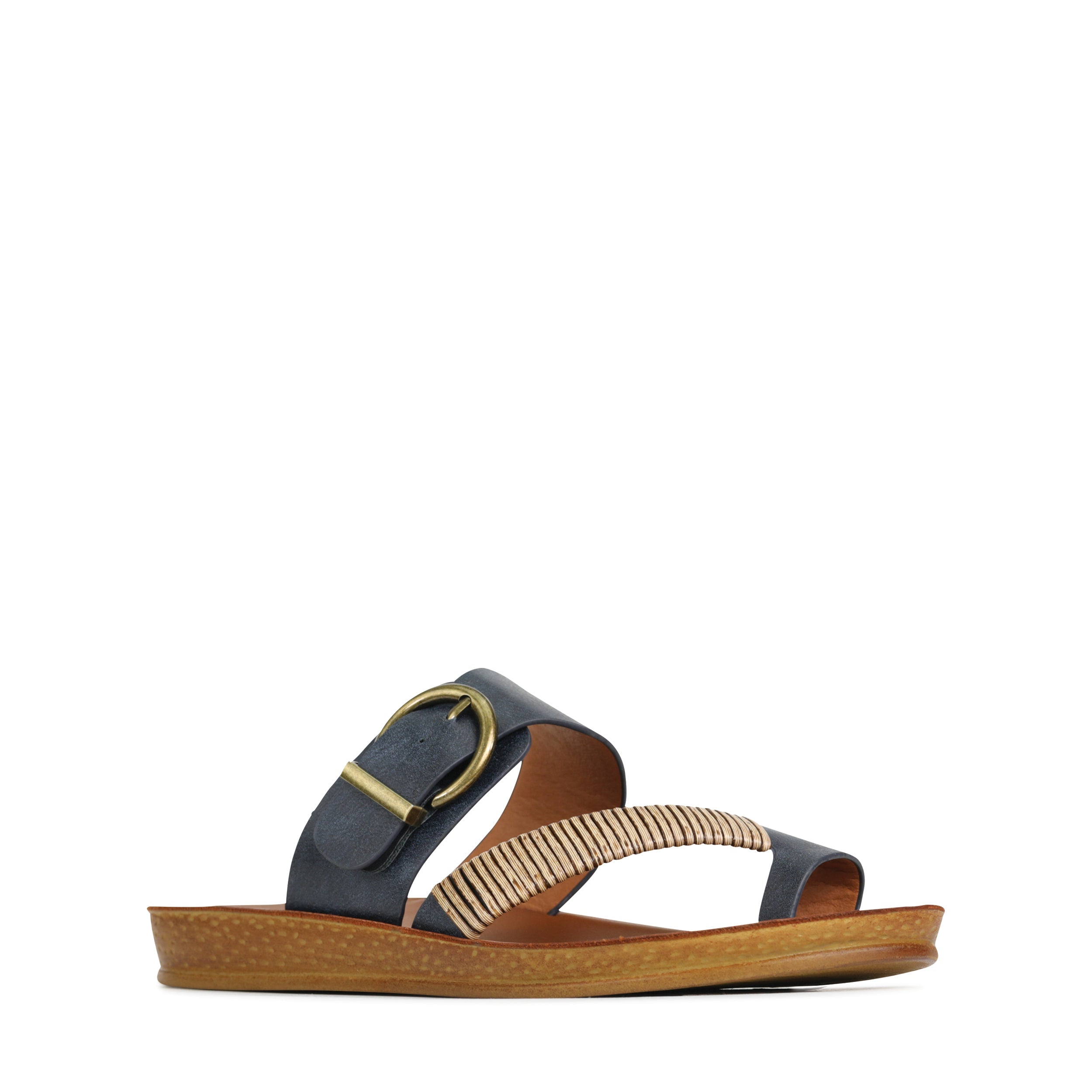 Los Cabos Bria navy slip-on shoes viewed from an angle, showcasing the stylish design and comfortable fit.