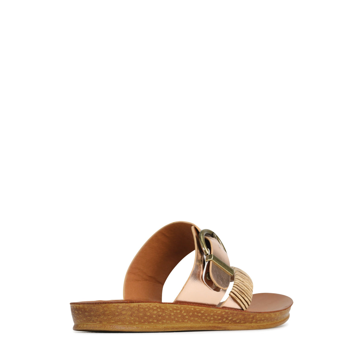 Los Cabos Bria slip-on shoes in rose gold, shown from a back angle, featuring sleek design and comfortable fit.