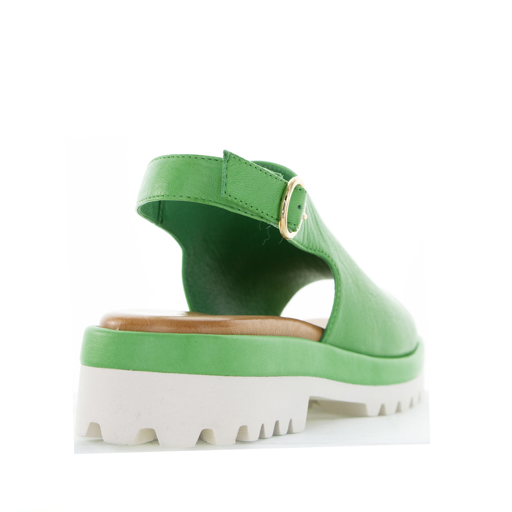 Le Sansa Briar Fern Green sandals featuring a stylish open-toe design and comfortable flat sole.