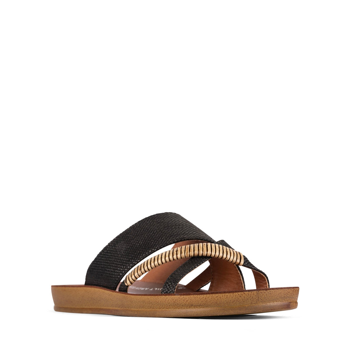 LOS CABOS bride black raffia slip-ons featuring woven raffia pattern and comfortable slip-on design.