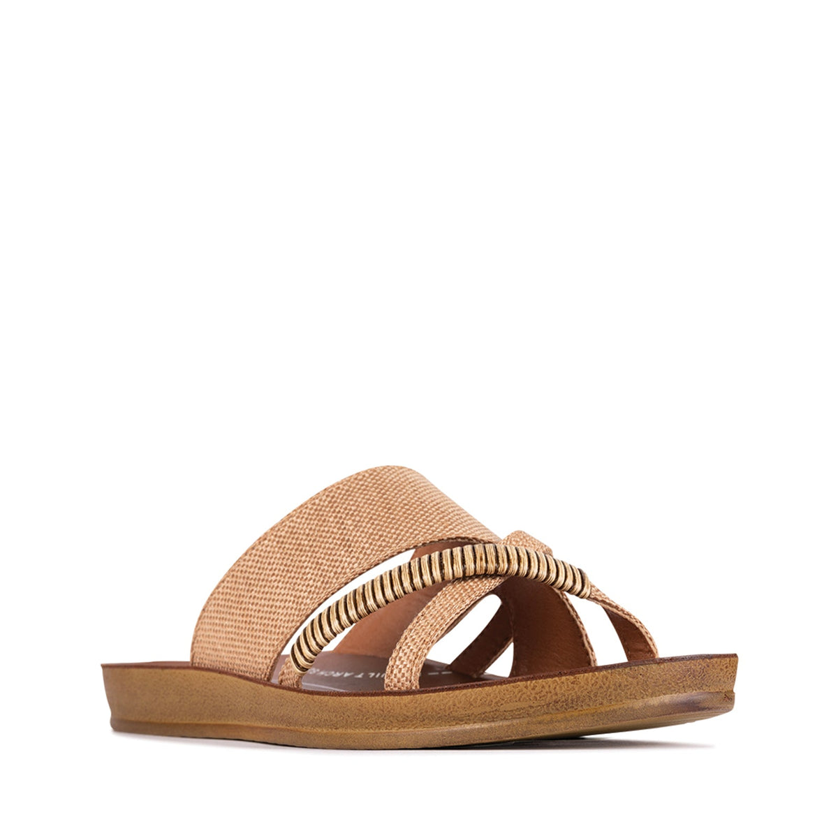 LOS CABOS bride caramel raffia slip-on shoes, featuring woven raffia material and elegant design for bridal or special occasions.