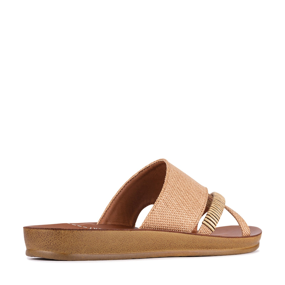 LOS CABOS Bride caramel raffia slip-ons with woven design and comfortable flat sole, perfect for casual or bridal wear.