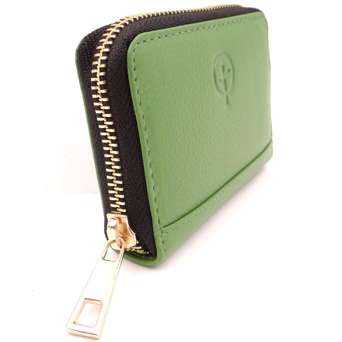 Second Nature C012 green apple wallet with metal accents, showcasing its compact design and vibrant green color.