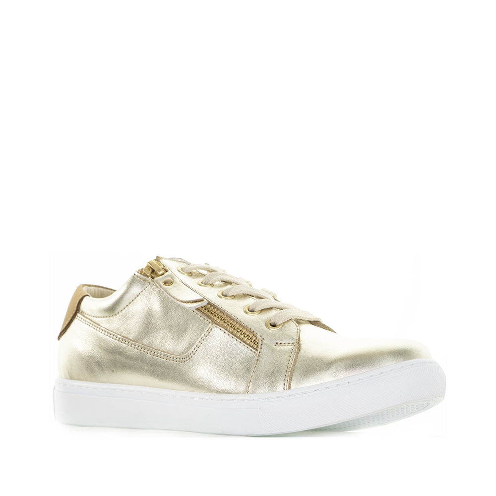 Gold Cabello EG520 sneakers with stylish design and white sole, featuring sleek branding and comfortable fit.