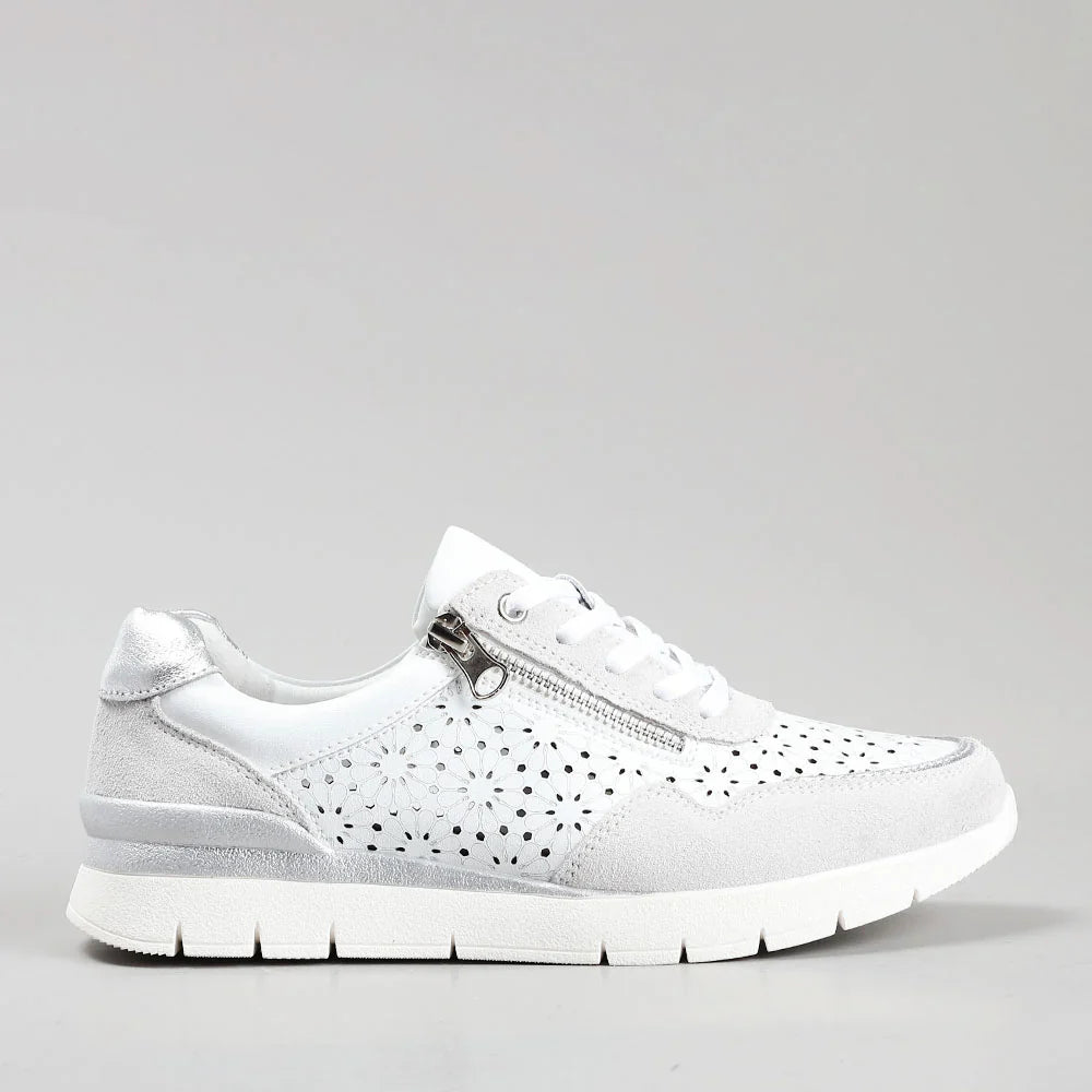 CC Resorts Caitlyn white and light grey sneakers with side view, showcasing casual athletic design and comfortable fit.
