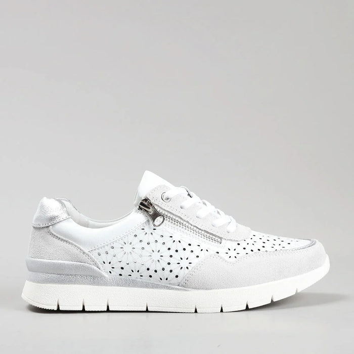 CC Resorts Caitlyn white and light grey sneakers with side view, showcasing casual athletic footwear design.