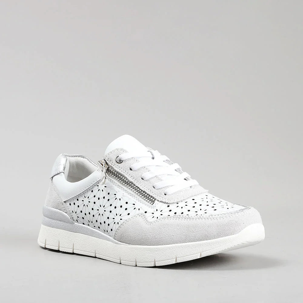 CC RESORTS Caitlyn white and light grey sneakers with a sleek design and comfortable fit, shown in a side view.