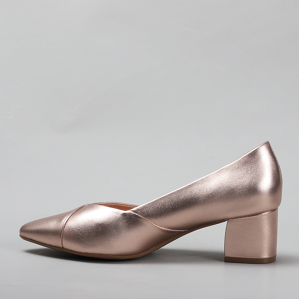 Le Sansa Carly Rose Gold heels featuring a sleek design and metallic rose gold finish, displayed on a white background.